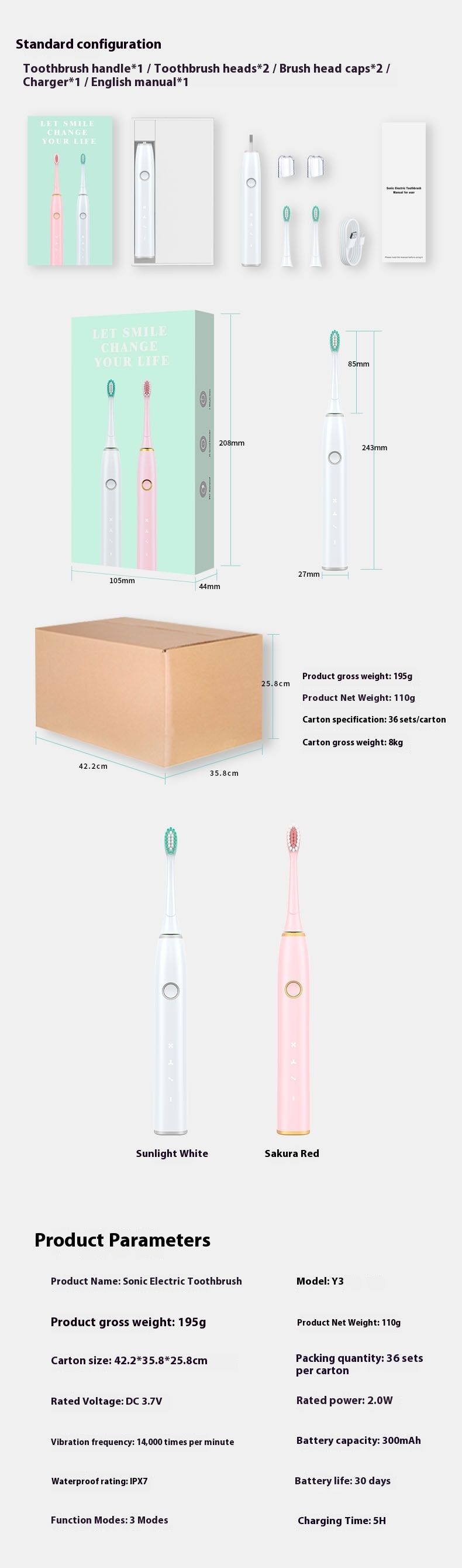Elektrische Schallzahnbürste – 3 Modi, USB-C-Schnellladung, 30-Tage-Akku, weiche Borsten, UV-Desinfektionsbehälter (Rosa/Weiß, 2 oder 4 Bürstenköpfe)_voghion.com