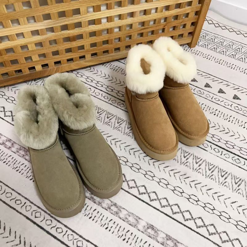 Winter New Short Boots, Cowhide And Wool Snow Boots For Women, Cow Horn Buckle Thick Sole For Warmth And Anti Slip, Thick Snow Boots_voghion.com