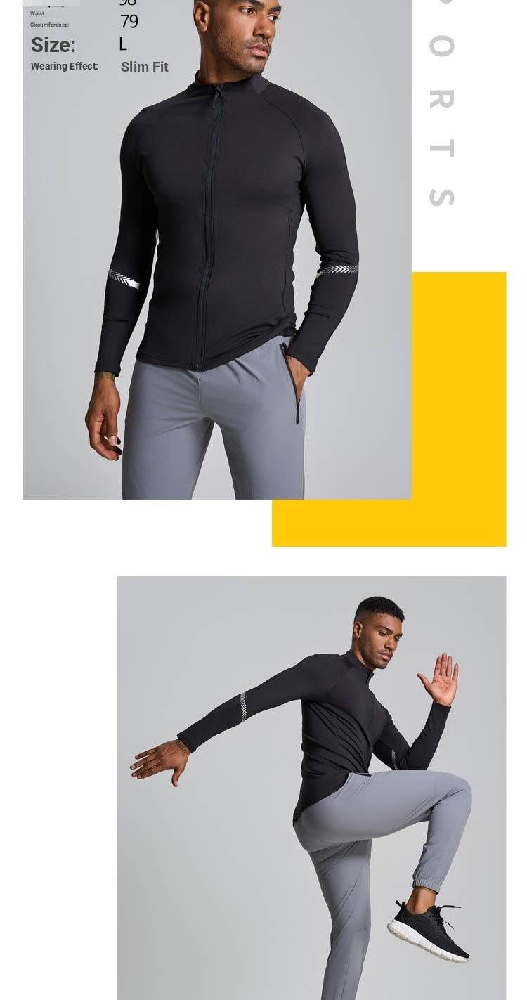 Giacca da fitness elastica a maniche lunghe da uomo, per primavera e autunno, casual, sportiva, da corsa, con collo alto, cerniera, parte superiore elastica ad asciugatura rapida_voghion.com