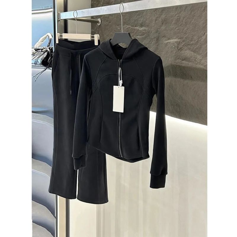 Abbigliamento da donna Tuta con cappuccio nero ispessita Tardo autunno e inizio inverno Indossa un set completo di abbigliamento sportivo casual in due pezzi_voghion.com