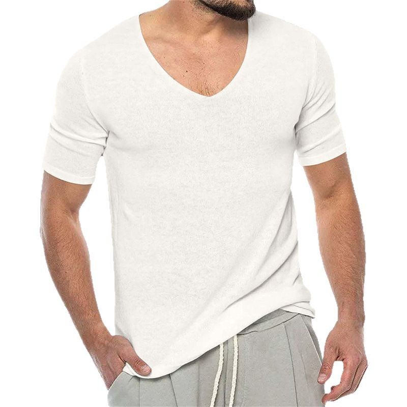 Unbeatable Quality Men's Thin V-neck Solid Color Sweater Summer Short Sleeved Knitted T-shirt SY0049_voghion.com