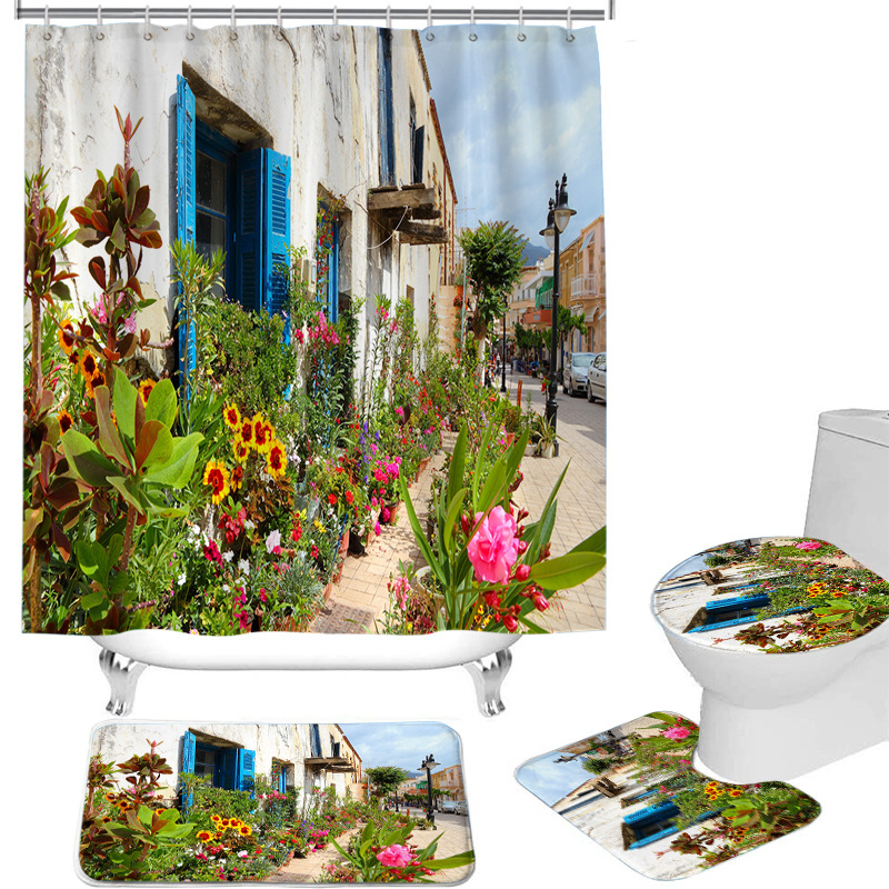 Tenda da doccia per bagno INS Nessuna perforazione Tenda per barriera per doccia da bagno Cortile con vista floreale Tenda da doccia_voghion.com