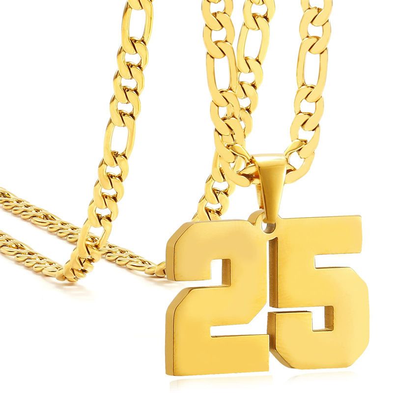 Men's Stainless Steel Sports Number Necklace - Customizable Baseball Basketball Football Team Pendant - Gold Finish_voghion.com