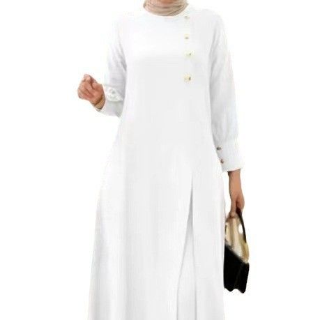 Abito da donna a due pezzi, alla moda ed elegante, tinta unita, con spacchi laterali, camicia lunga, pantaloni a gamba larga e vestaglia._voghion.com