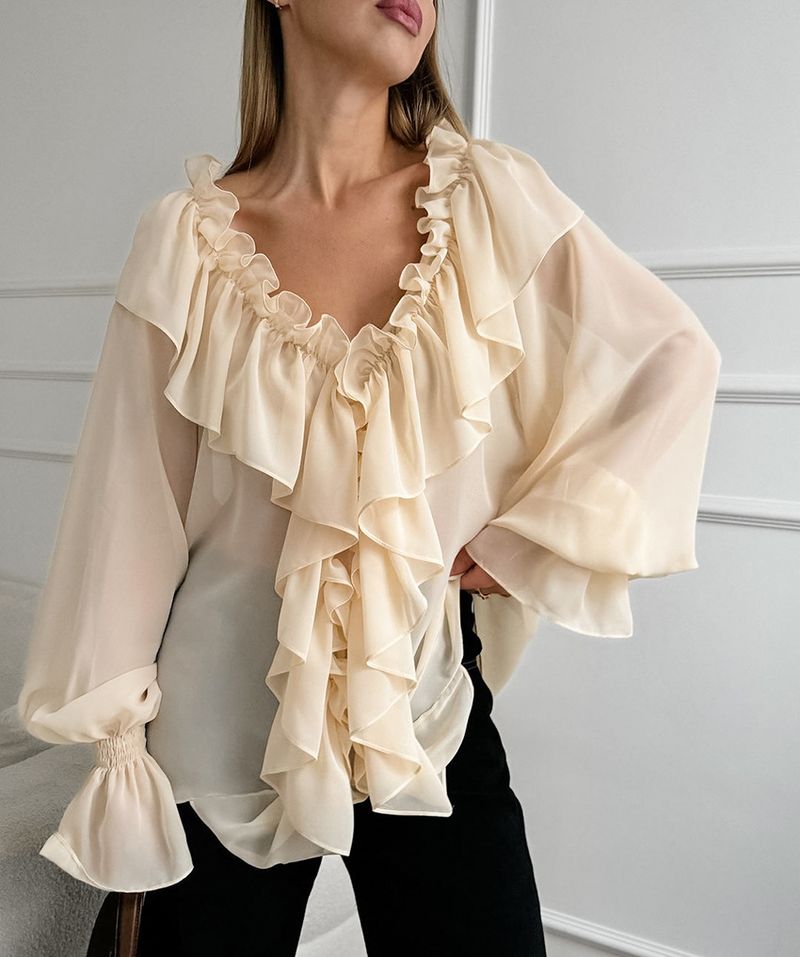 Primavera nuova camicia in chiffon con scollo a V e maniche a palloncino con volant moda all'ingrosso top da donna_voghion.com