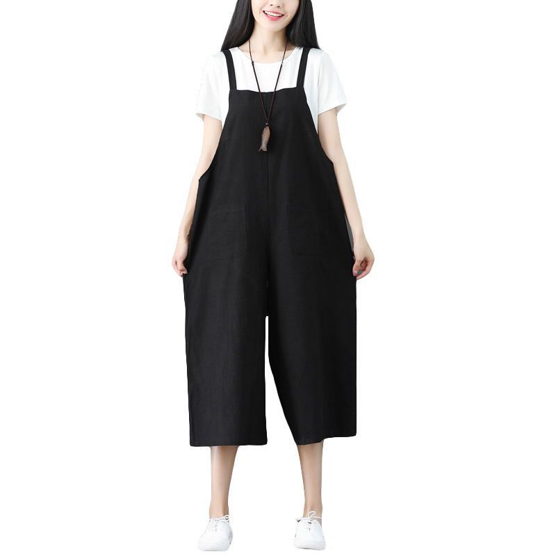 Nowe bawełniane spodnie kombinezonowe z szerokimi nogawkami i wysokim stanem, w artystycznym, luźnym, lnianym stylu plus size, na ramiączkach_voghion.com