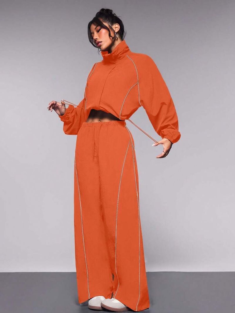 Trendy Contrast-Trim Women's Zip-Up Jacket & Jogger Pants Set – Streetwear Activewear (S-XL) | Lightweight Polyester For Summer_voghion.com