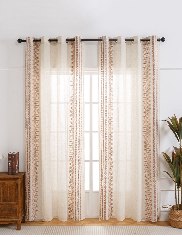 Beige Linen Embroidered Window Screens Semi Light Blocking Fresh Geometric Embroidered Window Screens Bedroom Kitchen Living Room Study Curtains_voghion.com