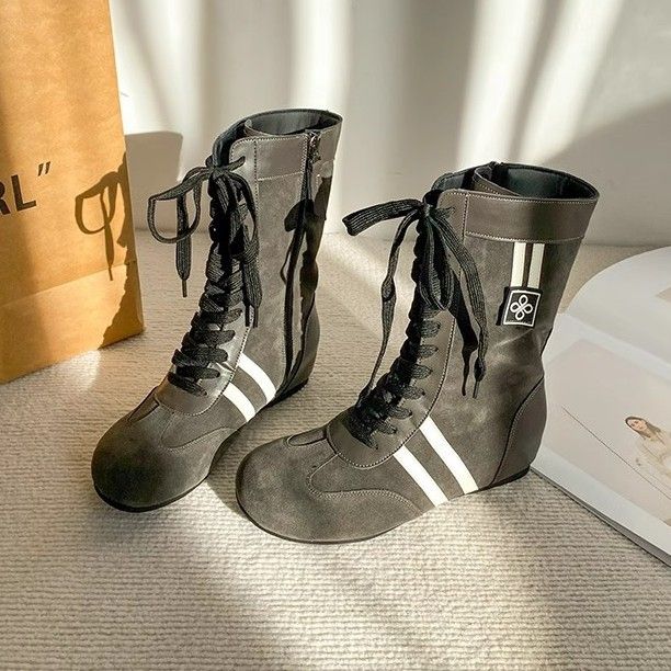 Cowhide Version~ Flat Inner Height Increasing Boxing For Women, New Round Toe Martin Lace-up Mid-calf Boots, Short Boots_voghion.com
