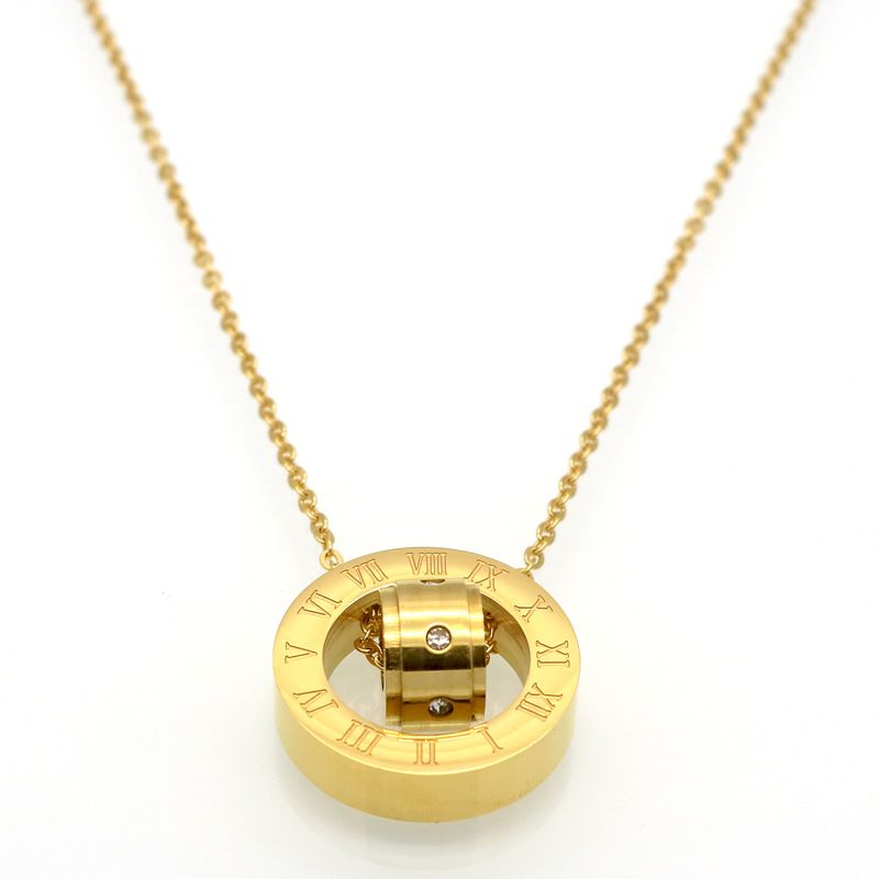 Men And Women's Jewelry Fashion Temperament Roman Numeral Diamond Necklace Couple Plated Double Ring Transfer Bead Necklace_voghion.com