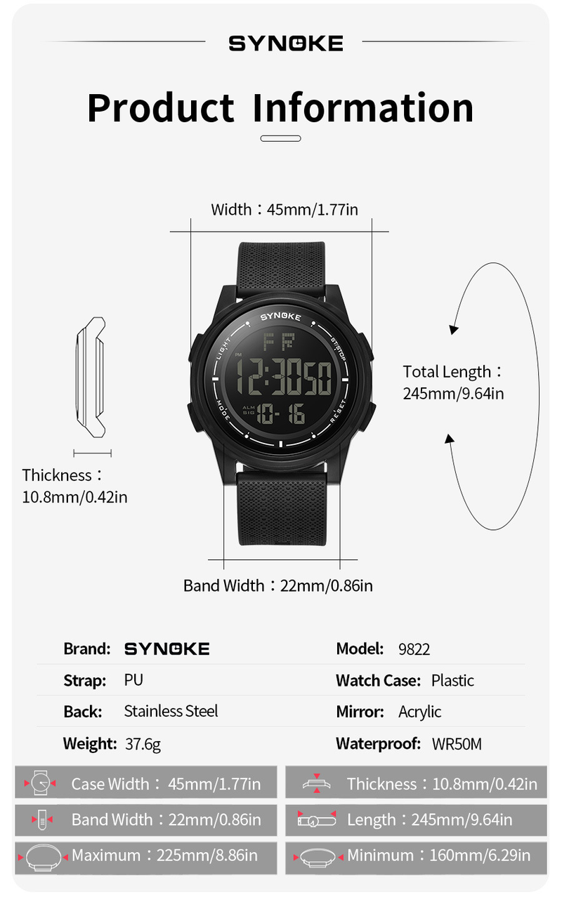 SYNOKE men's sports electronic watch, light and thin design, large screen luminous student watch, fashionable and simple_voghion.com