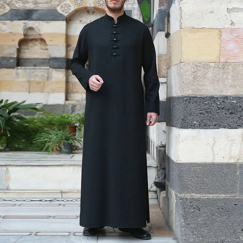 Men's Clothing New Solid Color Pocket Robe Button Simple Large Size Men's Muslim Robe_voghion.com