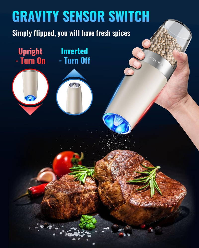 Gravity Electric Pepper/Salt Grinder Set, Adjustable Roughness, Battery Powered With LED Light, One-Hand Automatic Operation_voghion.com