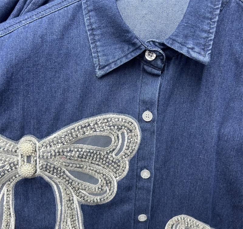 Women's Clothing Heavy Industry Diamond Bow Denim Shirt Top Elastic Waist Denim Shorts Two Piece Set_voghion.com