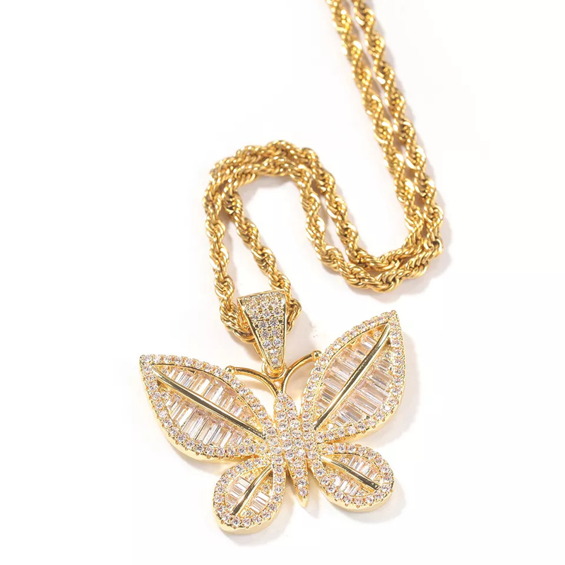 Gioielli da donna - Collana con ciondolo a farfalla in stile hip hop con zirconi cubici, opzioni di catena intrecciata e cubana da 18-24 pollici in argento, oro, rosa_voghion.com