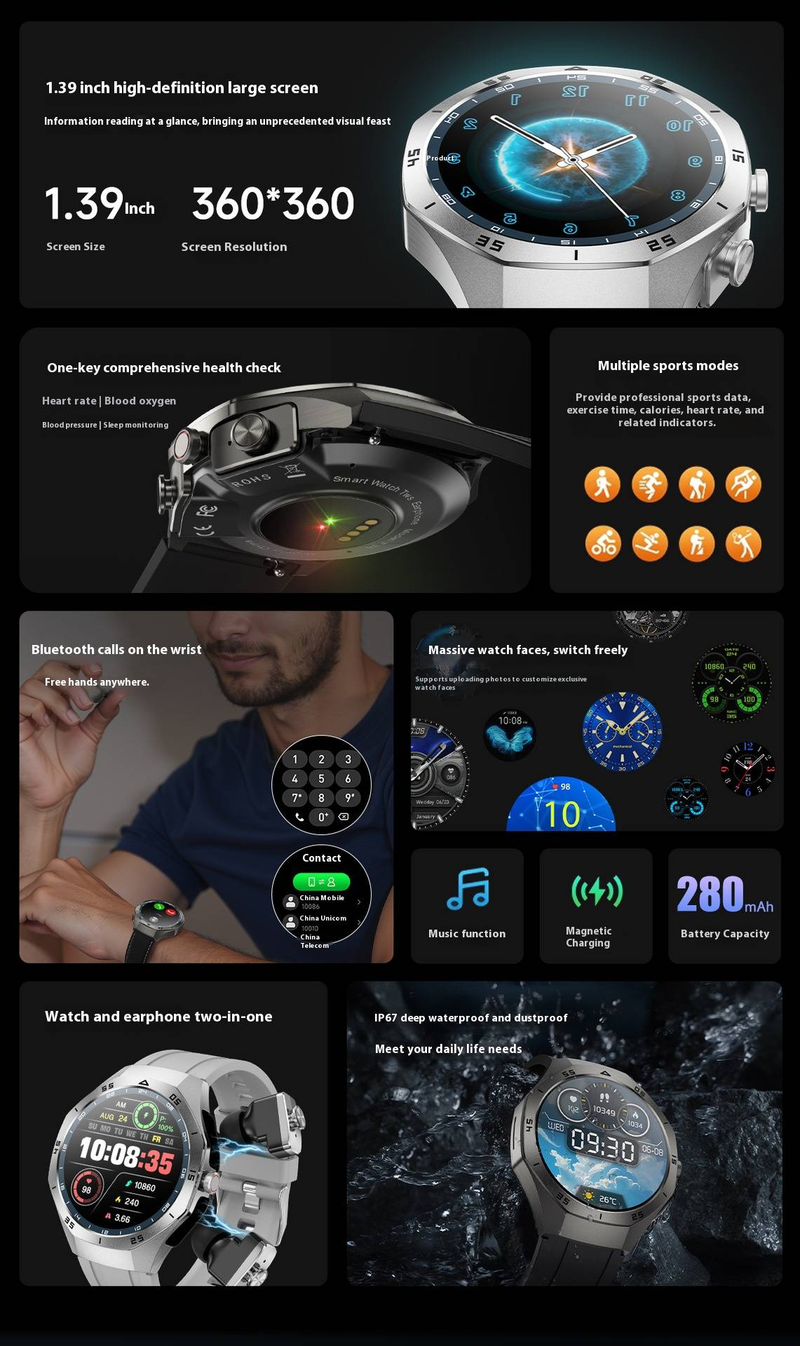 Smart Watch With Bluetooth Earphones 2-in-1, Fitness Tracker With Heart Rate Monitor, Sleep Tracking, Music Playback, NFC,_voghion.com