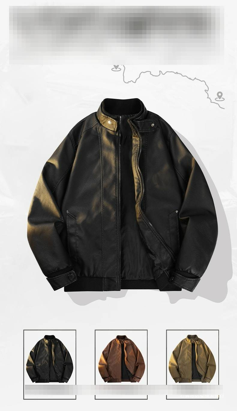 Heren Amerikaanse trendy motorkleding, eenvoudige, veelzijdige leren jas met staande kraag, wijd_voghion.com