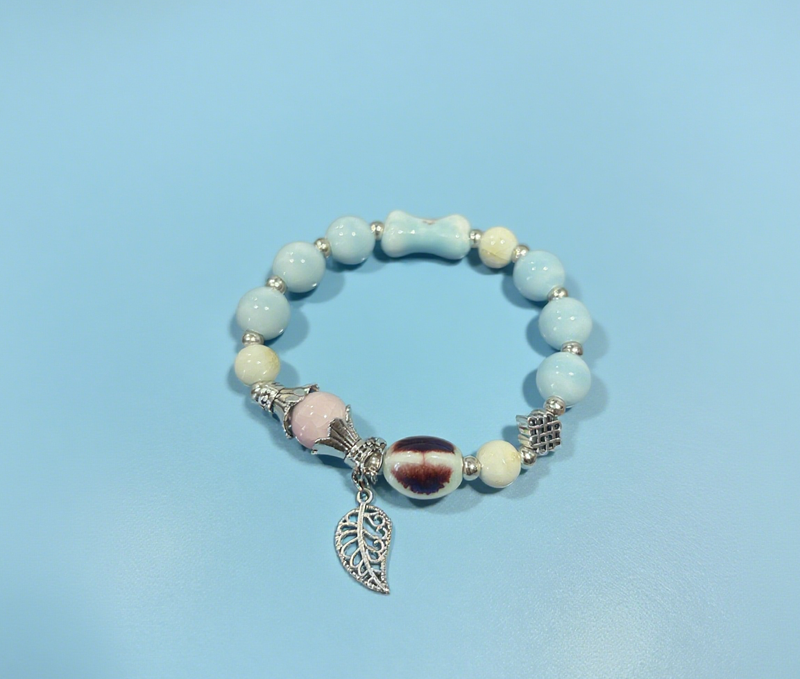 Jingdezhen Artisan - Crafted Ceramic Bead Bracelet, Soft - Hued Accessory With Delicate Leaf Charm For Everyday Wear & Presents_voghion.com