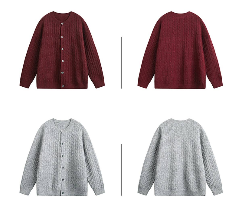 Cardigan in maglia a trecce retrò da uomo - Pullover casual in tinta unita con scollo rotondo per autunno e inverno_voghion.com