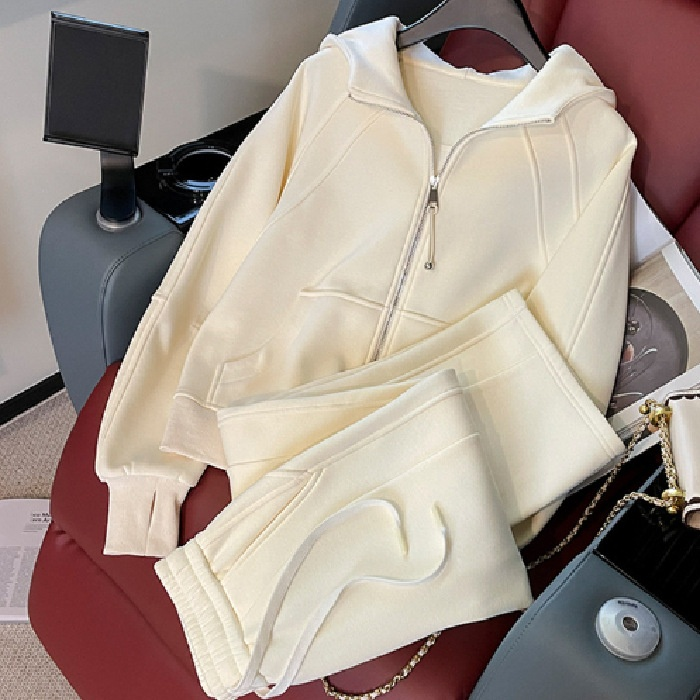 "Women's Cozy Fleece-Lined Hoodie & Wide-Leg Pants Set - Trendy Velvet-Like Two-Piece Outfit For Fall/Winter"_voghion.com