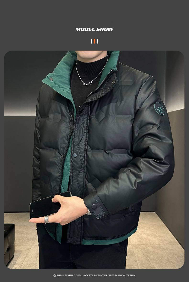 Unisex PU Leather Puffer Jacket With Duck Down Filling, Stand Collar, Streetwear Style, Warm Winter Coat For Men And Women_voghion.com