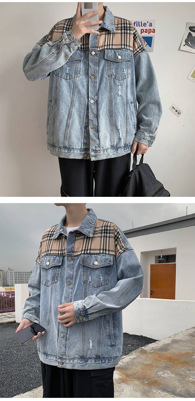 Men's Distressed Denim Jacket With Patchwork Design, Loose Fit, Vintage Style, Casual Outerwear For Spring & Autumn_voghion.com