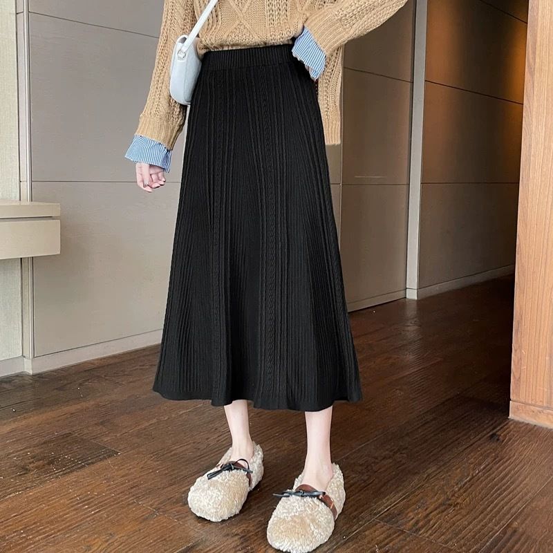 Jupe midi en maille pour femme - Jupe plissée extensible taille haute, coupe trapèze, coupe ample et confortable, un indispensable de la garde-robe automne-hiver._voghion.com