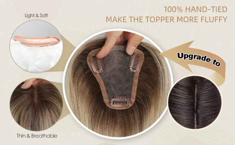 Topper per capelli umani Remy al 100% per donne, con riga centrale, pezzi di capelli umani biondi ombré con capelli diradati_voghion.com
