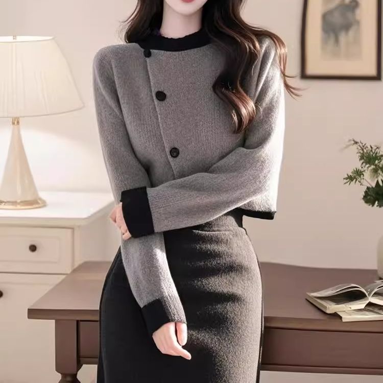 Korean Style Elegant Gray Cardigan Sweater Simple Mid-Length High-Waisted Skirt Autumn Winter Commuter Set_voghion.com