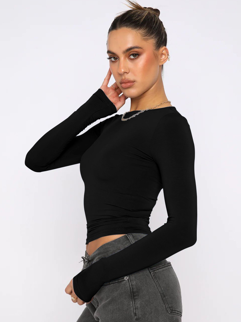 Women's fashion Y2K tight casual long-sleeved breathable base shirt all-in-one wear moisture wadding sweat T-shirt_voghion.com