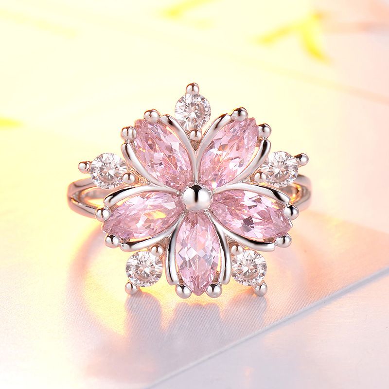 Moda Romantica ed Elegante Anello di Nozze in Zircone a Forma di Fiore di Ciliegio Squisito Gioielli da Donna in Argento_voghion.com