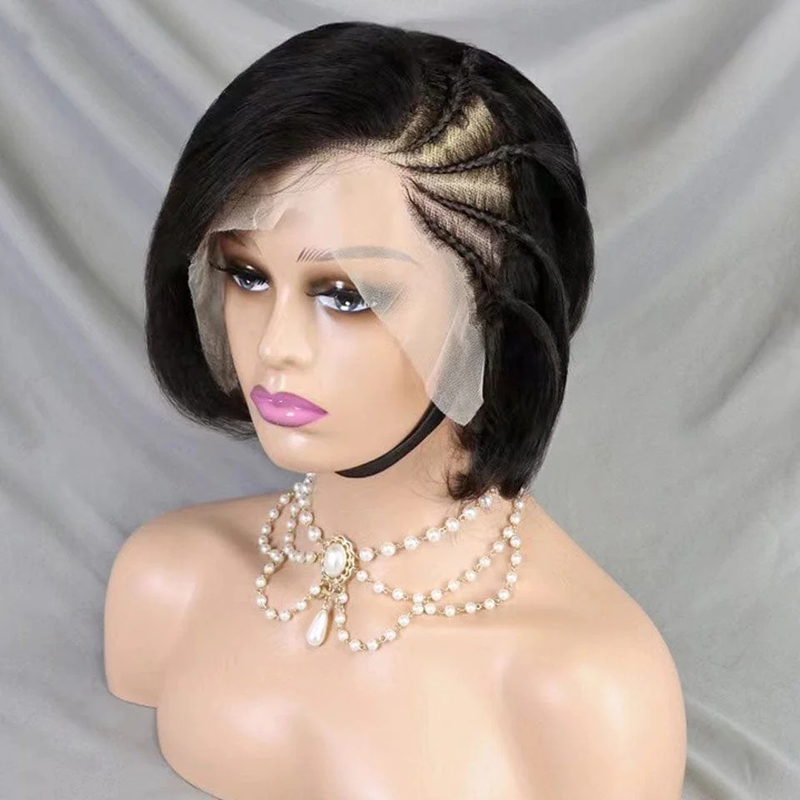 8inch short lace human hair wig with diagonal bangs and highlights 13*4 large lace suitable for women's daily wear_voghion.com