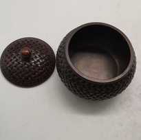Metall-Räuchergefäß, China, altes Kupfer, geschnitzte runde Kugel, Bambusgeflecht, Räuchergefäß/Kunst, antike Bronze, Heimdekoration_voghion.com