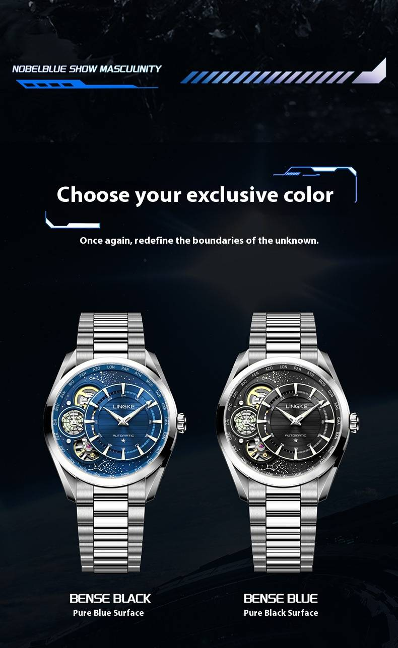 Montre mécanique automatique à quartz pour homme, double mouvement, design squelette, boîtier et bracelet en acier inoxydable, style décontracté, étanche_voghion.com