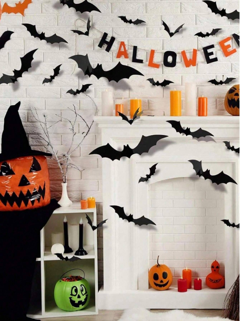 48Pcs/Set Halloween Wall Bat Decor, Black Plastic Bat Stickers For Halloween Room Decor,Waterproof 3D Realistic Bat For Halloween Party Decoration_voghion.com