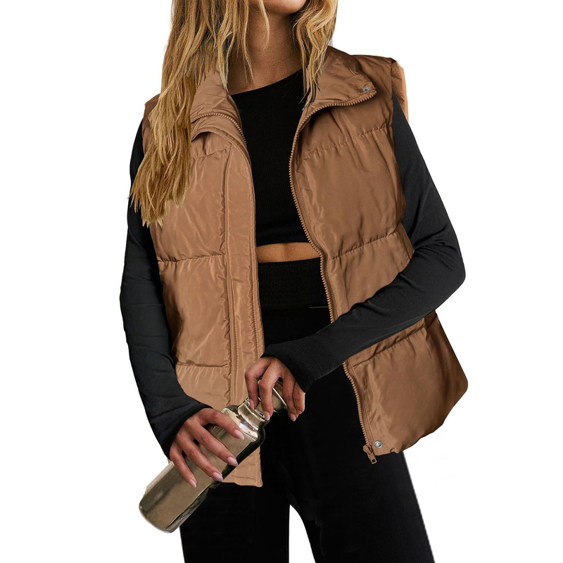 Damenbekleidung Leichte Steppweste mit Stehkragen, ärmellose, warme Winterjacke mit Reißverschluss und Taschen_voghion.com