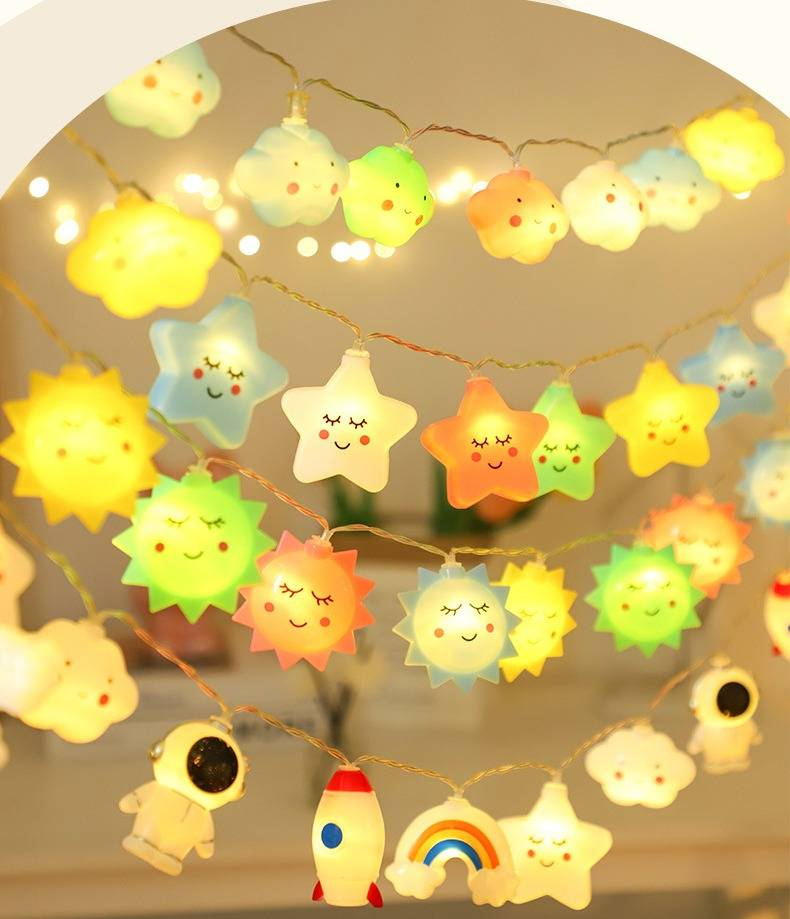 Whimsical Star & Cloud LED String Lights With Rainbow & Astronaut - Battery/USB Powered For Kids Room, Camping & Party Decor_voghion.com