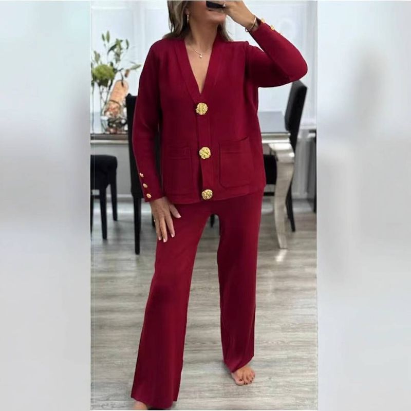Set van casual gebreide cardigan en wijde broek voor dames met metalen knopen - comfortabele outfit van zachte modalmix (zwart, beige, kaki, rood, één maat)_voghion.com