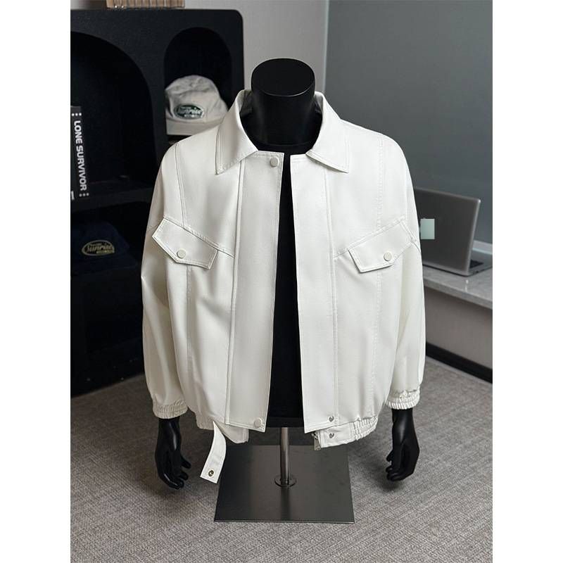 Herren-Vintage-PU-Lederjacke – Locker sitzender Mantel im Biker-Stil mit Stehkragen, winddichte Unisex-Oberbekleidung für den Herbst (Schwarz/Braun/Elfenbein)_voghion.com