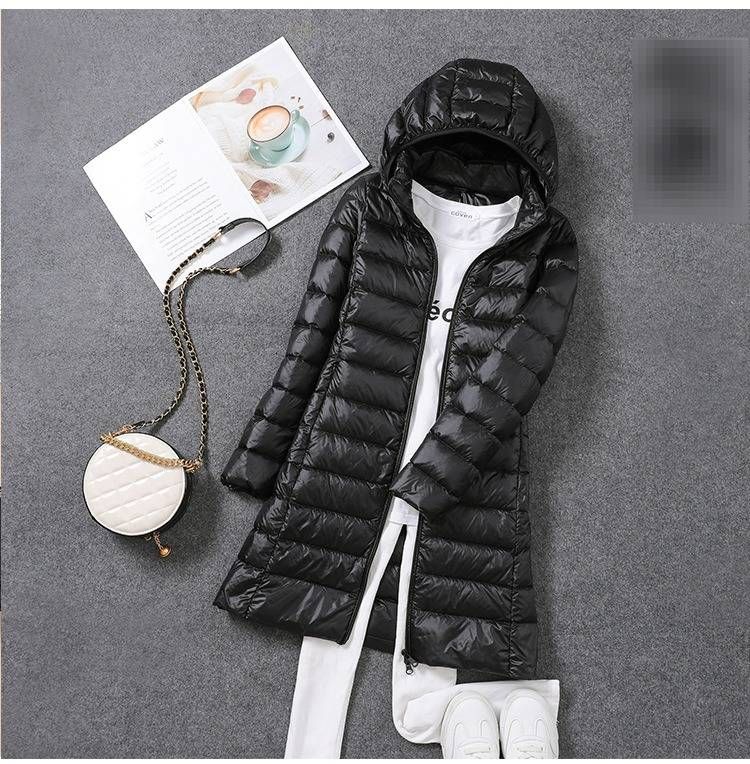 Women's Lightweight Down Jacket - Detachable Hood Mid-Length Coat With White Duck Feather, Slim Fit & Stylish For Everyday Wear_voghion.com