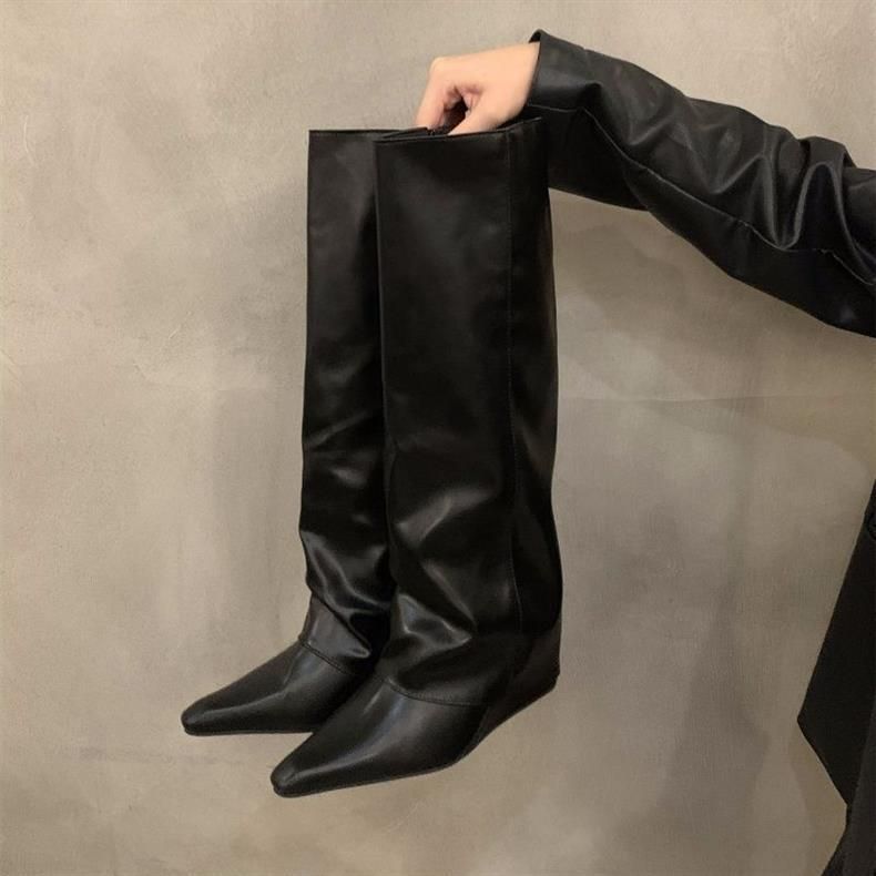 Pointed Toe Wedge Heel Hot Girl Style Cuffed Women's Shoes 2025 New Autumn Winter Retro Mid-Calf Long Boots_voghion.com