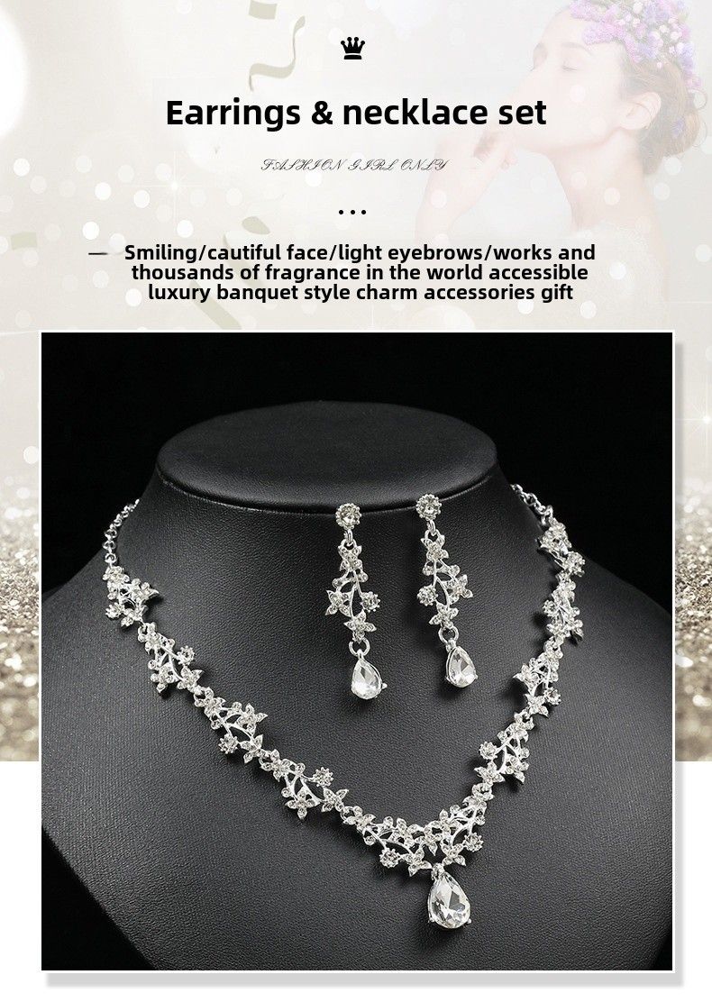 Factory Direct Korean bridal necklace earrings two-piece set women's short drop-shaped pendant elegant all-match clavicle chain_voghion.com
