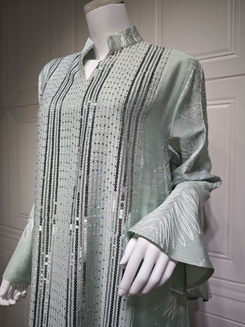 Elegant Embroidered Abaya Dress – Flowy Maxi Kaftan With Flounce Sleeves (Light Green/Yellow/Pink, S-XXL)_voghion.com