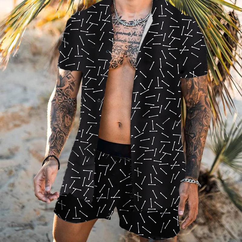 2024 Nei Hawaii Strandshorts Kuerzärm Hemden mat Bedréckung fir Männerkleeder Set_voghion.com