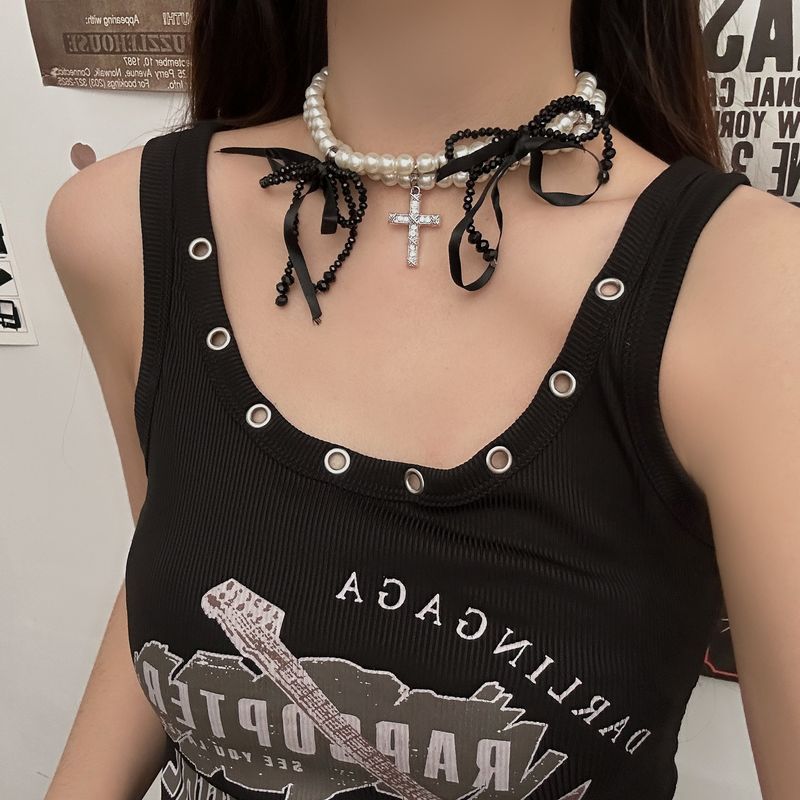 Collier à pampilles en perles croisées de style gothique punk pour femme, chaîne de clavicule lourde et sombre_voghion.com