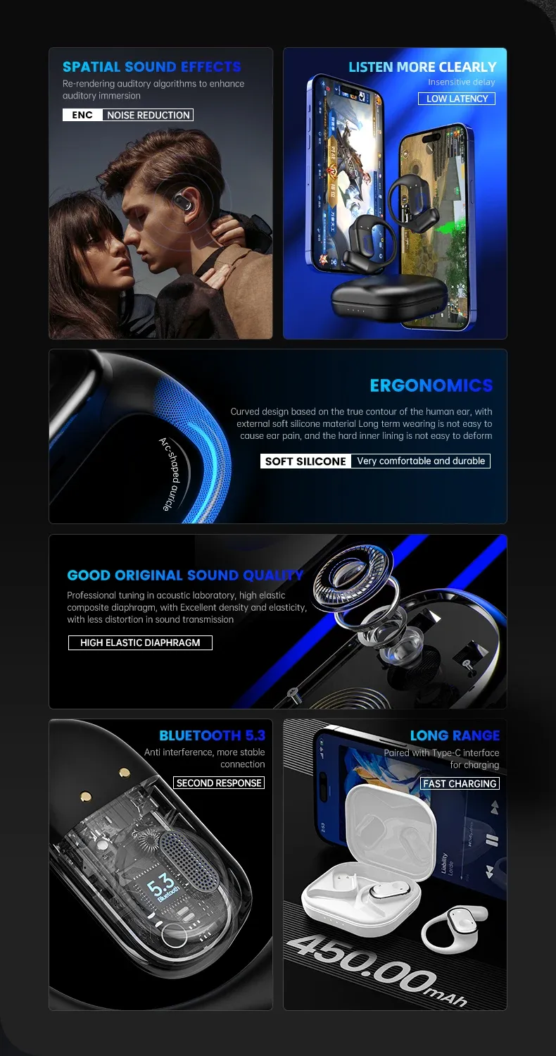 Open Ear Headphones Wireless Bluetooth 5.3 Earbuds With Earhooks Touch Control Clear Talk Deep Bass Driver Sports OWS_voghion.com