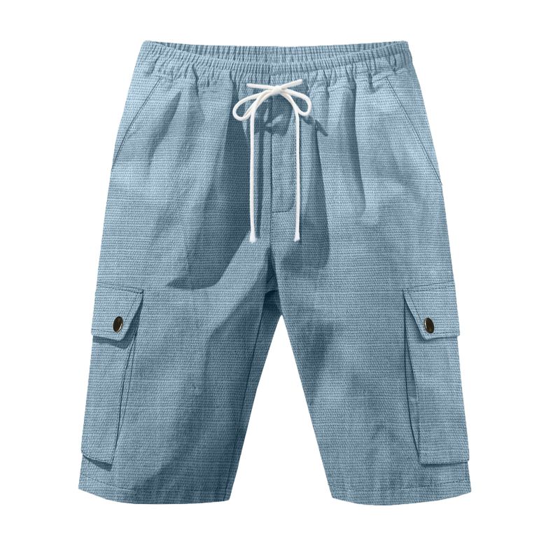 Pantaloncini da uomo in lino, pantaloncini cargo tinta unita con elastico in vita, tasche per viaggi e tempo libero, pantaloncini da spiaggia a gamba larga per l'estate_voghion.com