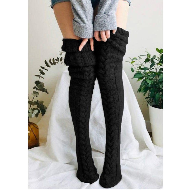 Calza scaldapiedi in lana transfrontaliera Calza sopra il ginocchio europea e americana Autunno e inverno Colore unito Calza Calza Calza spessa Calzino da donna_voghion.com