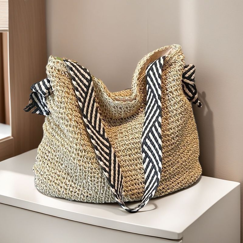 Sac de plage en paille pour femmes, style vacances, tendance 2025, nouvelle tendance, tissé, grande capacité, décontracté_voghion.com