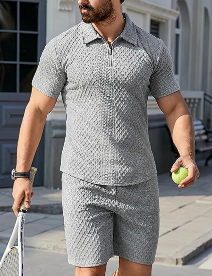 Conjunto de polo y pantalón corto de verano para hombre: tejido jacquard transpirable, ropa deportiva informal, tallas S-XXXL (blanco, gris, negro, caqui y azul cielo)_voghion.com